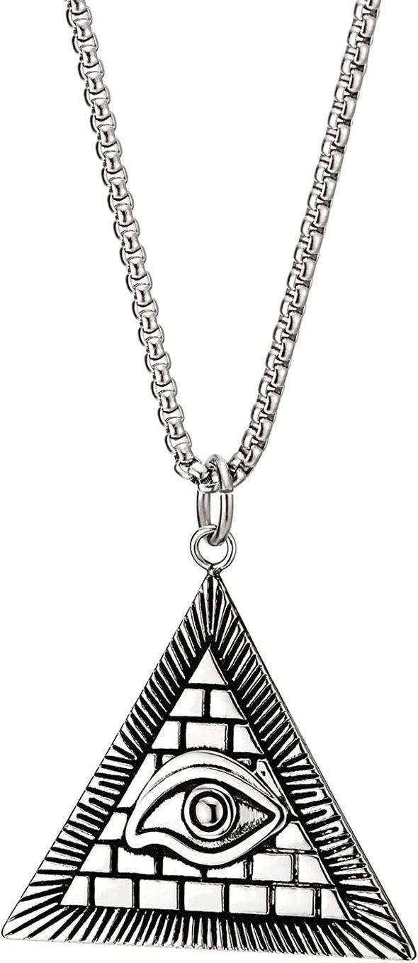 COOLSTEELANDBEYOND Mens Womens Steel Evil Eye Pattern Triangle Pyramid Medal Pendant Necklace, 30 inches Wheat Chain - COOLSTEELANDBEYOND Jewelry
