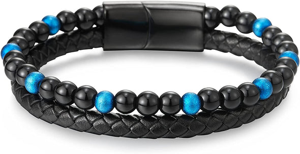 Two-row Black Blue Gem Stone Beads Chain Black Braided Leather Bracelet, Steel Magnetic Clasp - COOLSTEELANDBEYOND Jewelry