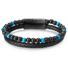 Two-row Black Blue Gem Stone Beads Chain Black Braided Leather Bracelet, Steel Magnetic Clasp - COOLSTEELANDBEYOND Jewelry