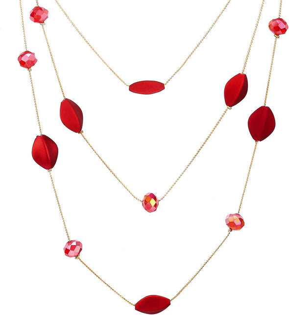 COOLSTEELANDBEYOND Gold Statement Necklace Three-Strand Long Chains with Red Crystal and Matt Red Irregular Oval Beads - COOLSTEELANDBEYOND Jewelry