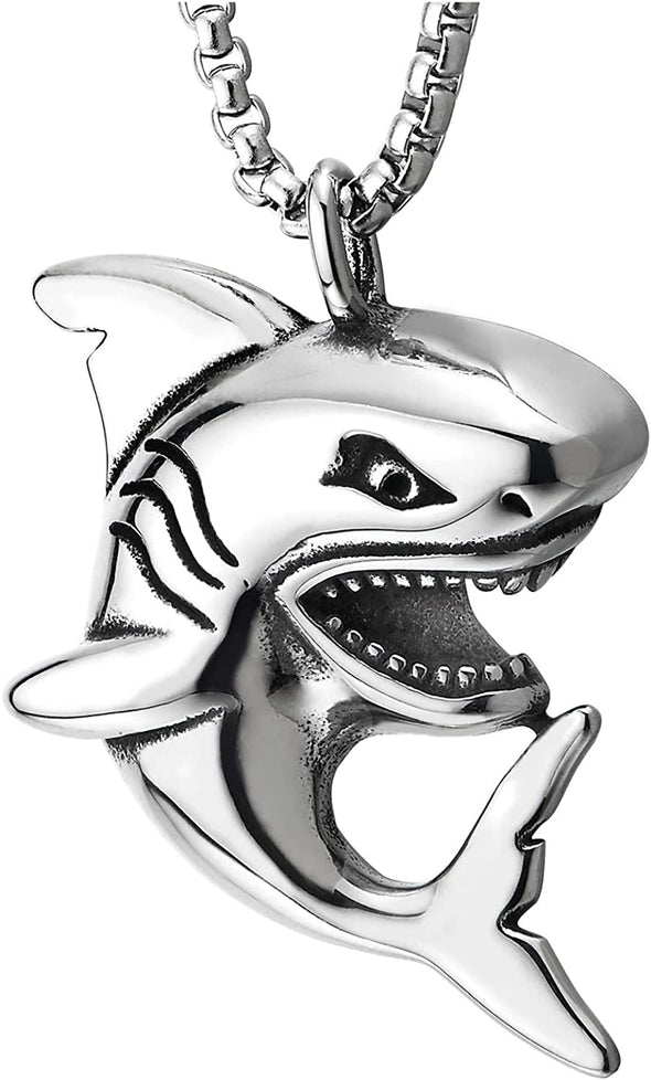 COOLSTEELANDBEYOND Mens Womens Stainless Steel Shark Pendant Necklace with 30 inches Wheat Chain - COOLSTEELANDBEYOND Jewelry