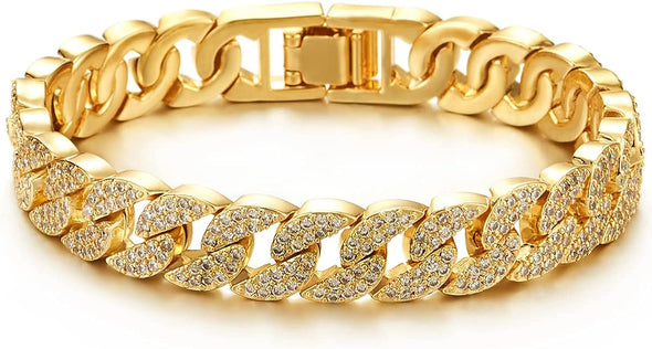 Stylish, Mens Womens, Curb Chain Bracelet, Gold Color, with Cubic Zirconia