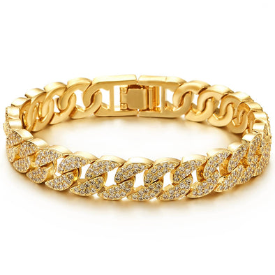 Stylish, Mens Womens, Curb Chain Bracelet, Gold Color, with Cubic Zirconia