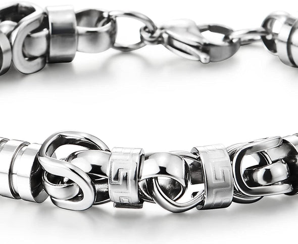 COOLSTEELANDBEYOND Fashion Style Mens Steel Braid Link Bracelet with Grooved Tube and Circle Ring Charms, Polished - COOLSTEELANDBEYOND Jewelry