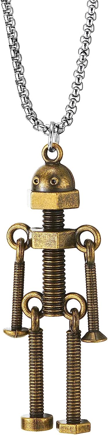 COOLSTEELANDBEYOND Vintage Bronze Screw Robot Figure Pendant Necklace Mens Womens with 28 inches Chain - COOLSTEELANDBEYOND Jewelry