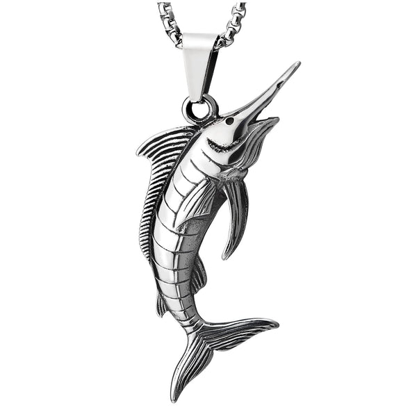 Mens Women Stainless Steel Marlin Sailfish Swordfish Pendant Necklace, 30 inches Wheat Chain - COOLSTEELANDBEYOND Jewelry