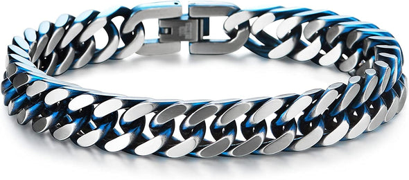 Mens Stainless Steel Silver Blue Two-tone Curb Chain Bangle Bracelet, Satin Finish - COOLSTEELANDBEYOND Jewelry