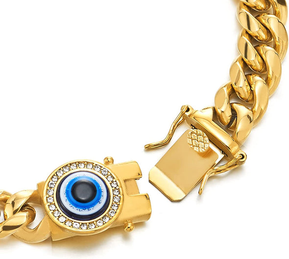 COOLSTEELANDBEYOND Protection Evil Eye Necklace, Mens Women Steel Gold Color Curb Chain Miami Cuban Chain with Cubic Zirconia - COOLSTEELANDBEYOND Jewelry