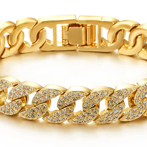 Stylish, Mens Womens, Curb Chain Bracelet, Gold Color, with Cubic Zirconia