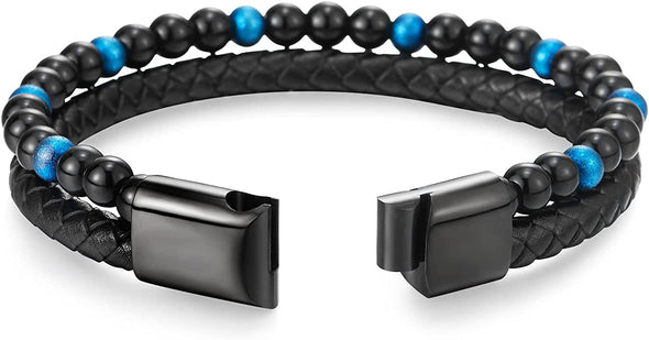 Two-row Black Blue Gem Stone Beads Chain Black Braided Leather Bracelet, Steel Magnetic Clasp - COOLSTEELANDBEYOND Jewelry