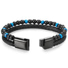 Two-row Black Blue Gem Stone Beads Chain Black Braided Leather Bracelet, Steel Magnetic Clasp - COOLSTEELANDBEYOND Jewelry