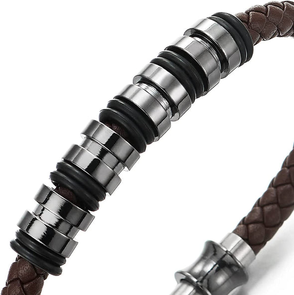 COOLSTEELANDBEYOND Mens Women Brown Braided Leather Bracelet, Bangle with Stainless Steel Bead String and Magnetic Clasp - COOLSTEELANDBEYOND Jewelry