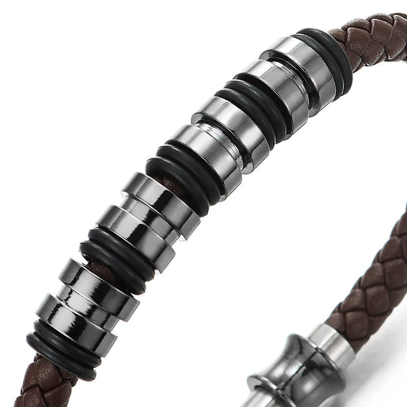 COOLSTEELANDBEYOND Mens Women Brown Braided Leather Bracelet, Bangle with Stainless Steel Bead String and Magnetic Clasp - COOLSTEELANDBEYOND Jewelry