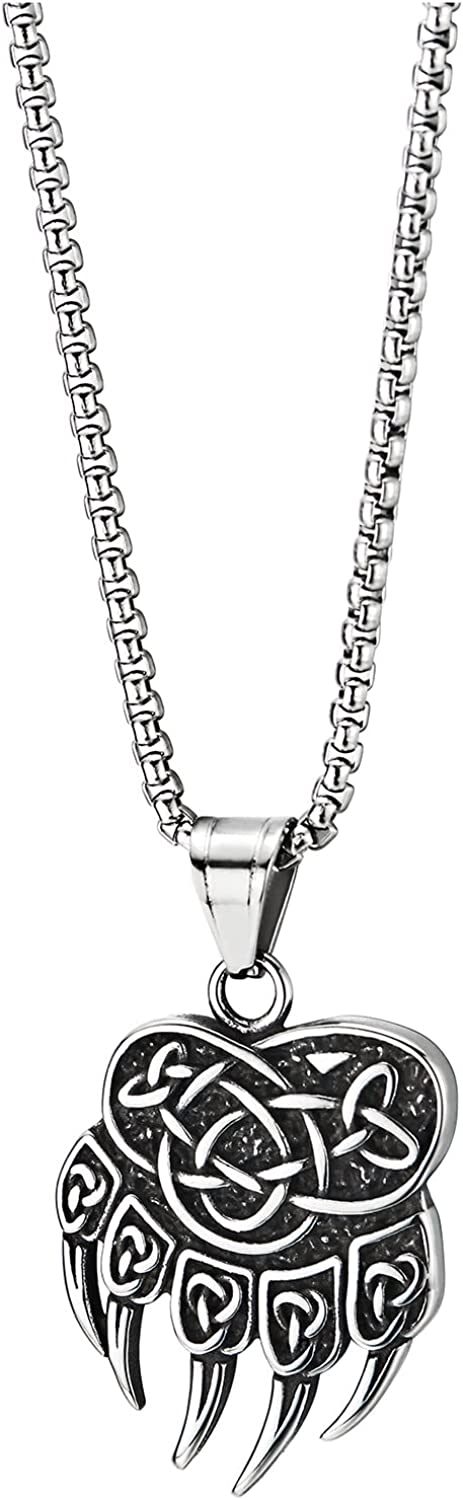 COOLSTEELANDBEYOND Mens Bear Foot Paw Claw Pendant Necklace, with Celtic Knot Triquetra, Stainless Steel - COOLSTEELANDBEYOND Jewelry