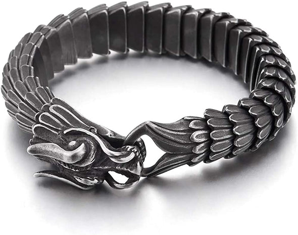 Retro Style Mens Steel Dragon Link Chain Bracelet, Vintage Finishing, Spring Hook Clasp - COOLSTEELANDBEYOND Jewelry