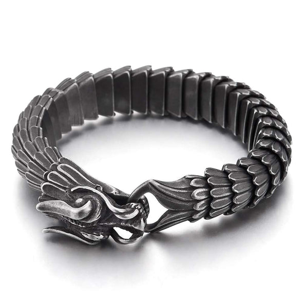 Retro Style Mens Steel Dragon Link Chain Bracelet, Vintage Finishing, Spring Hook Clasp - COOLSTEELANDBEYOND Jewelry