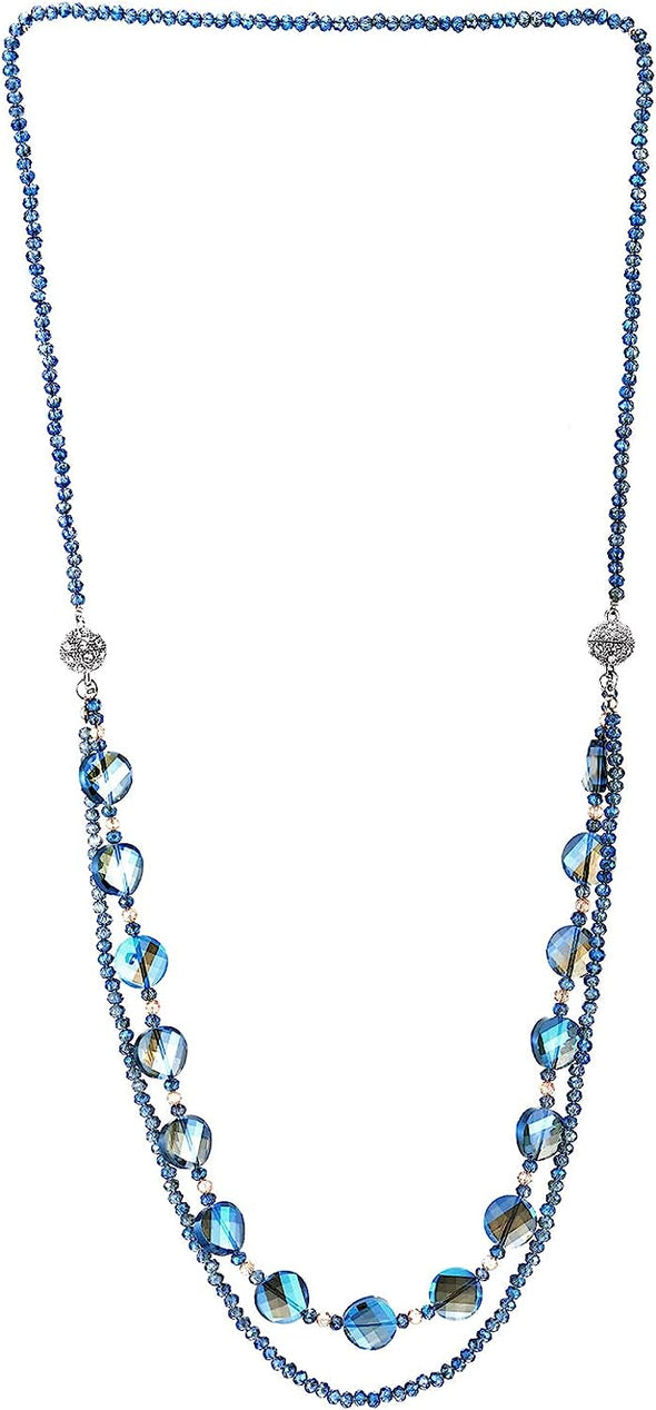 COOLSTEELANDBEYOND Crystal Beads Necklace, Long Blue Crystal Chain with Cubic Zirconia and Magnetic Clasp Detachable into Two Pieces - COOLSTEELANDBEYOND Jewelry