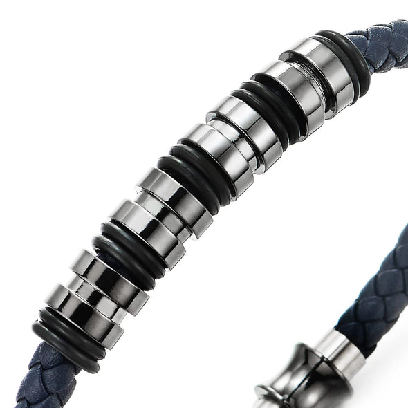COOLSTEELANDBEYOND Mens Women Blue Braided Leather Bracelet, Bangle with Stainless Steel Bead String and Magnetic Clasp - COOLSTEELANDBEYOND Jewelry