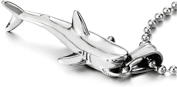 COOLSTEELANDBEYOND Mens Womens Steel Polished Shark Pendant Necklace, 24 inches Ball Chain, Cool - COOLSTEELANDBEYOND Jewelry