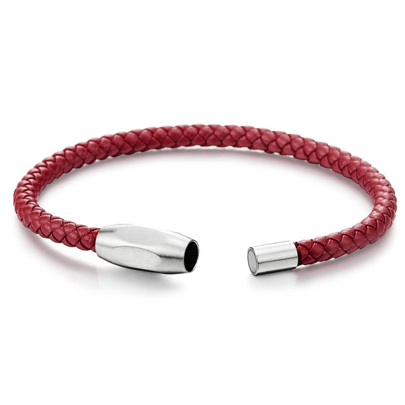 COOLSTEELANDBEYOND Minimalist Mens Women Red Leather Bracelet, Thin Braided Leather Bangle, Steel Oval Magnetic Clasp - COOLSTEELANDBEYOND Jewelry