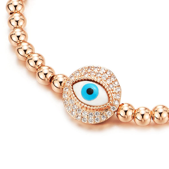 COOLSTEELANDBEYOND Protection Evil Eye Rose gold Beads Bracelet with Cubic Zirconia - COOLSTEELANDBEYOND Jewelry