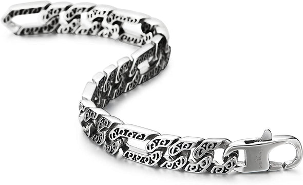 COOLSTEELANDBEYOND Mens Vintage Stainless Steel Fancy Tribal Tattoo Pattern Curb Chain Bracelet with Spring Box Clasp - COOLSTEELANDBEYOND Jewelry