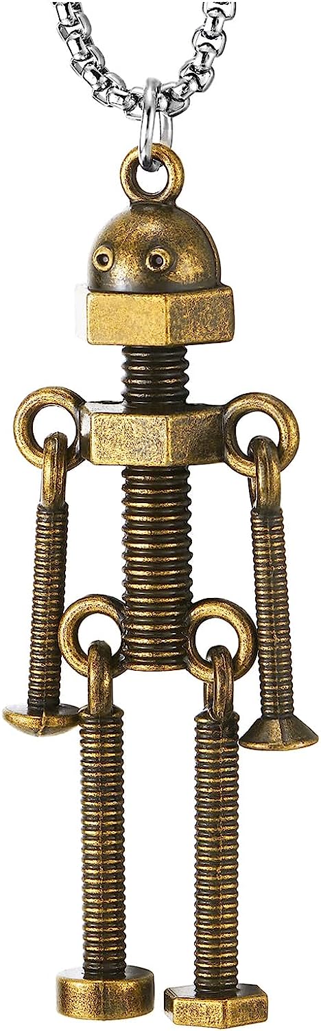 COOLSTEELANDBEYOND Vintage Bronze Screw Robot Figure Pendant Necklace Mens Womens with 28 inches Chain - COOLSTEELANDBEYOND Jewelry