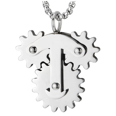 COOLSTEELANDBEYOND Mens Steampunk Gears Mechanic Pendant Necklace, Stainless Steel Polished, 30 inches Wheat Chain - COOLSTEELANDBEYOND Jewelry