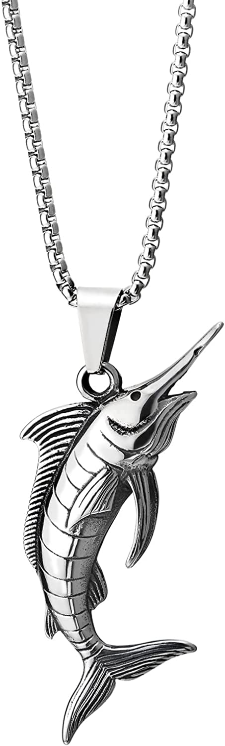 Mens Women Stainless Steel Marlin Sailfish Swordfish Pendant Necklace, 30 inches Wheat Chain - COOLSTEELANDBEYOND Jewelry