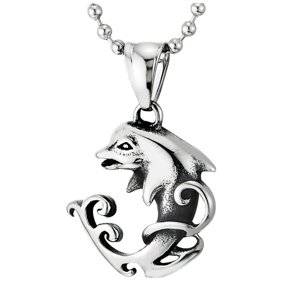 Womens Lovely Dolphin Wave Filigree Pendant Necklace, Stainless Steel with 23.6 inches Ball Chain - COOLSTEELANDBEYOND Jewelry