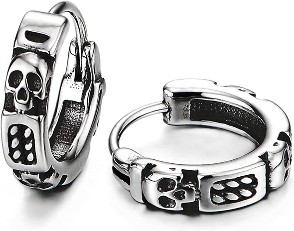 Mens Women Stainless Steel Skulls and Embedded Chain Circle Huggie Hinged Hoop Earrings, 2 pcs - COOLSTEELANDBEYOND Jewelry