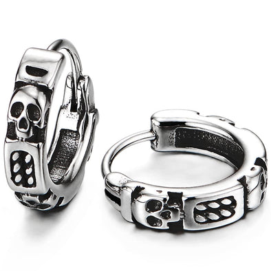 Mens Women Stainless Steel Skulls and Embedded Chain Circle Huggie Hinged Hoop Earrings, 2 pcs - COOLSTEELANDBEYOND Jewelry