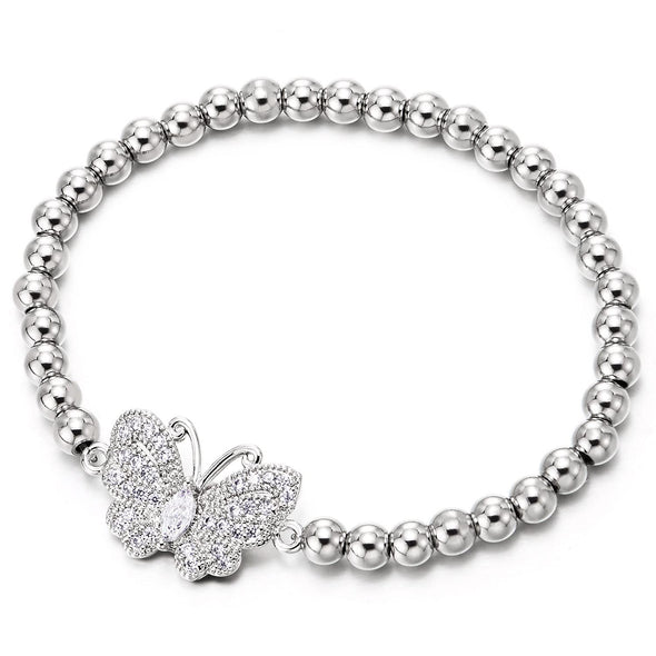 COOLSTEELANDBEYOND Cubic Zirconia Butterfly Bracelet, Womens Beads Link Chain Bangle Charm Bracelet, Exquisite - COOLSTEELANDBEYOND Jewelry