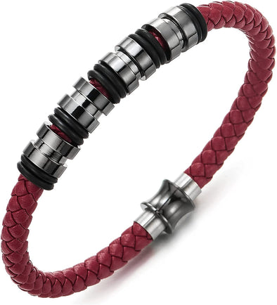 COOLSTEELANDBEYOND Mens Women Red Braided Leather Bracelet, Bangle with Stainless Steel Bead String and Magnetic Clasp - COOLSTEELANDBEYOND Jewelry