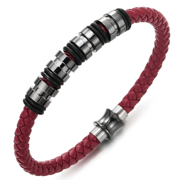 COOLSTEELANDBEYOND Mens Women Red Braided Leather Bracelet, Bangle with Stainless Steel Bead String and Magnetic Clasp - COOLSTEELANDBEYOND Jewelry