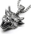 Mens Stainless Steel Vintage Roaring Wolf Head Pendant Necklace, 30 inches Steel Wheat Chain - COOLSTEELANDBEYOND Jewelry