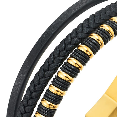 COOLSTEELANDBEYOND Mens Womens Black Leather Bracelet, Steel Gold Color Beads Rubber Ring Charm, Three-Strand Braided - COOLSTEELANDBEYOND Jewelry