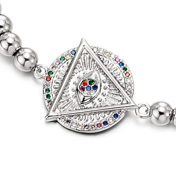 COOLSTEELANDBEYOND Womens Circle Eye of Providence Bracelet, Beads Link Chain with Colorful Cubic Zirconia - COOLSTEELANDBEYOND Jewelry