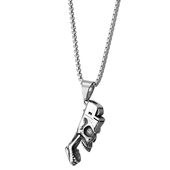 Stainless Steel Men Gothic Big Open Mouth Skull in a Lighter Pendant Necklace, 30 Inches Wheat Chain - COOLSTEELANDBEYOND Jewelry