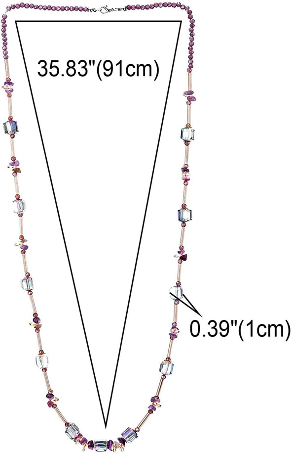 COOLSTEELANDBEYOND Crystal Statement Necklace, Elegant Purple Rainbow Beads Long Chain with Sticks Discs and Crystal Cube Beads - COOLSTEELANDBEYOND Jewelry