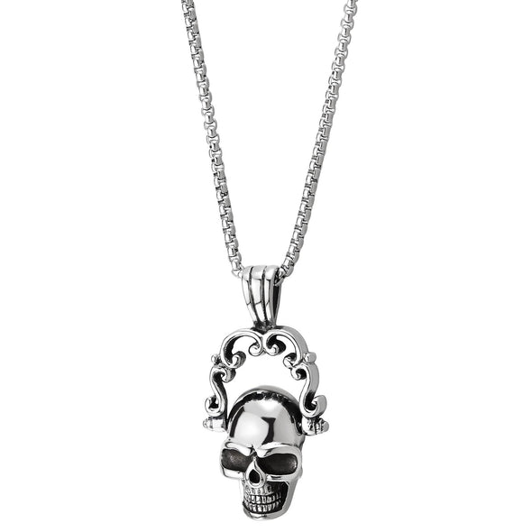 COOLSTEELANDBEYOND Skull Pendant Necklace for Men and Women, Stainless Steel Filigree Frame Skull, Polished, 30in Wheat Chain - COOLSTEELANDBEYOND Jewelry