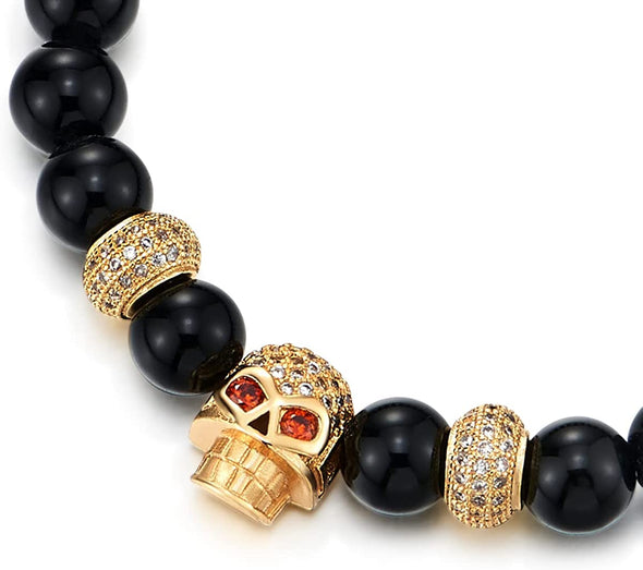 COOLSTEELANDBEYOND Mens Women Black Onyx Beads Bracelet, Cubic Zirconia Pave Gold Color Red Eye Skull and Bead Charm - COOLSTEELANDBEYOND Jewelry