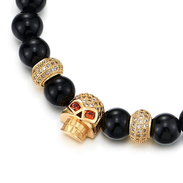 COOLSTEELANDBEYOND Mens Women Black Onyx Beads Bracelet, Cubic Zirconia Pave Gold Color Red Eye Skull and Bead Charm - COOLSTEELANDBEYOND Jewelry