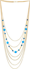 COOLSTEELANDBEYOND Gold Statement Necklace Multi-Strand Waterfall Long Chains, Blue Crystal, Synthetic Turquoise Bead - COOLSTEELANDBEYOND Jewelry