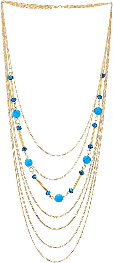 COOLSTEELANDBEYOND Gold Statement Necklace Multi-Strand Waterfall Long Chains, Blue Crystal, Synthetic Turquoise Bead - COOLSTEELANDBEYOND Jewelry
