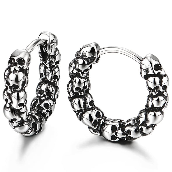 Pair Vintage Stacked Skulls Cluster Huggie Hinged Hoop Earrings Stainless Steel, Men Women, Gothic - COOLSTEELANDBEYOND Jewelry