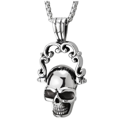 COOLSTEELANDBEYOND Skull Pendant Necklace for Men and Women, Stainless Steel Filigree Frame Skull, Polished, 30in Wheat Chain - COOLSTEELANDBEYOND Jewelry