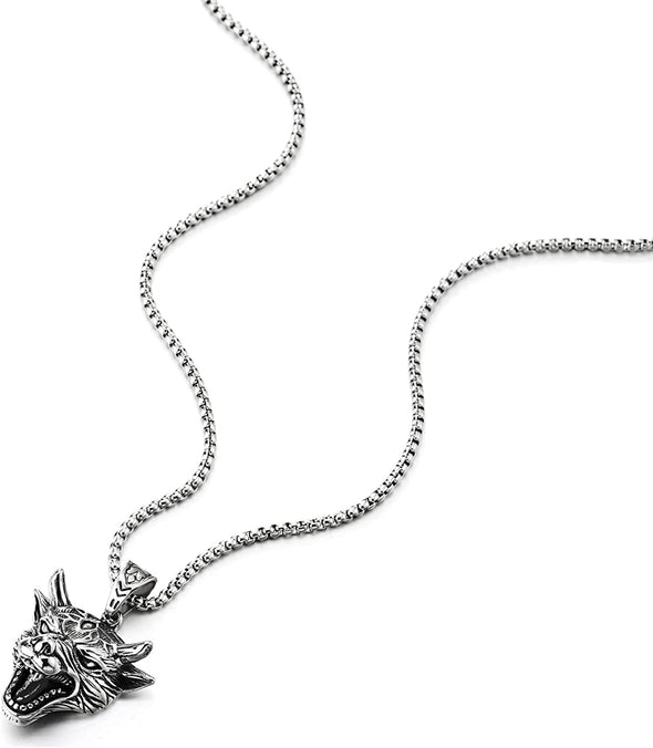 Mens Stainless Steel Vintage Roaring Wolf Head Pendant Necklace, 30 inches Steel Wheat Chain - COOLSTEELANDBEYOND Jewelry