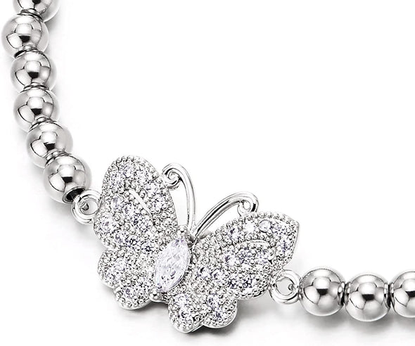 COOLSTEELANDBEYOND Cubic Zirconia Butterfly Bracelet, Womens Beads Link Chain Bangle Charm Bracelet, Exquisite - COOLSTEELANDBEYOND Jewelry