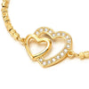 COOLSTEELANDBEYOND Womens Two Overlapping Heart Bracelet, Gold Color Bead Link with Charm of Cubic Zirconia, Adjustable - COOLSTEELANDBEYOND Jewelry